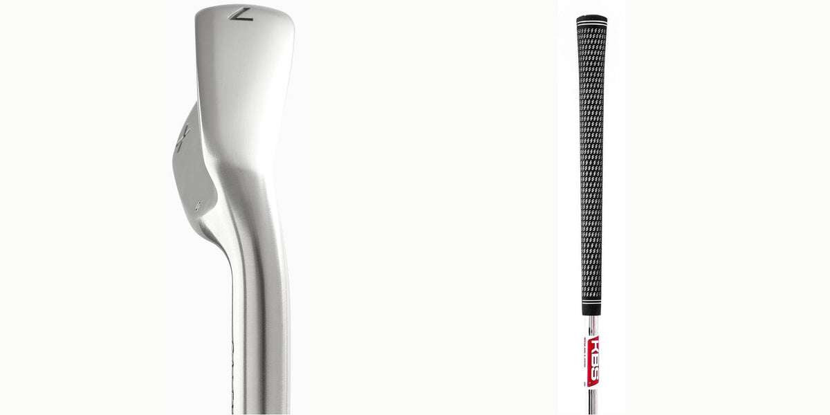 Caley iron head, KBS shaft and Lamkin grip on an off-white background